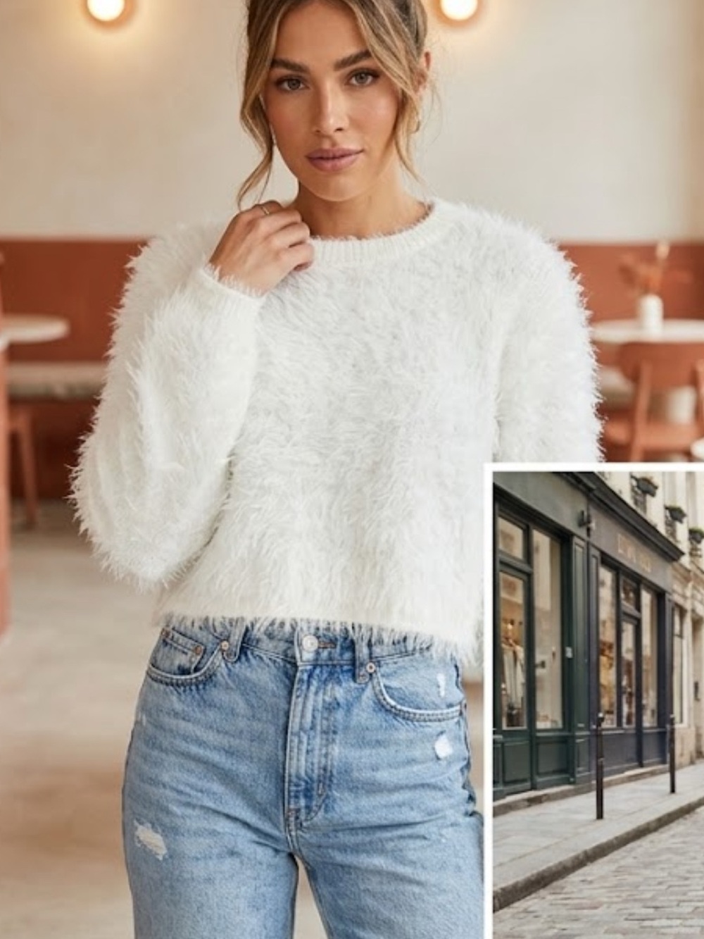 Chipie White Fuzzy furry Crewneck crop top  Sweater